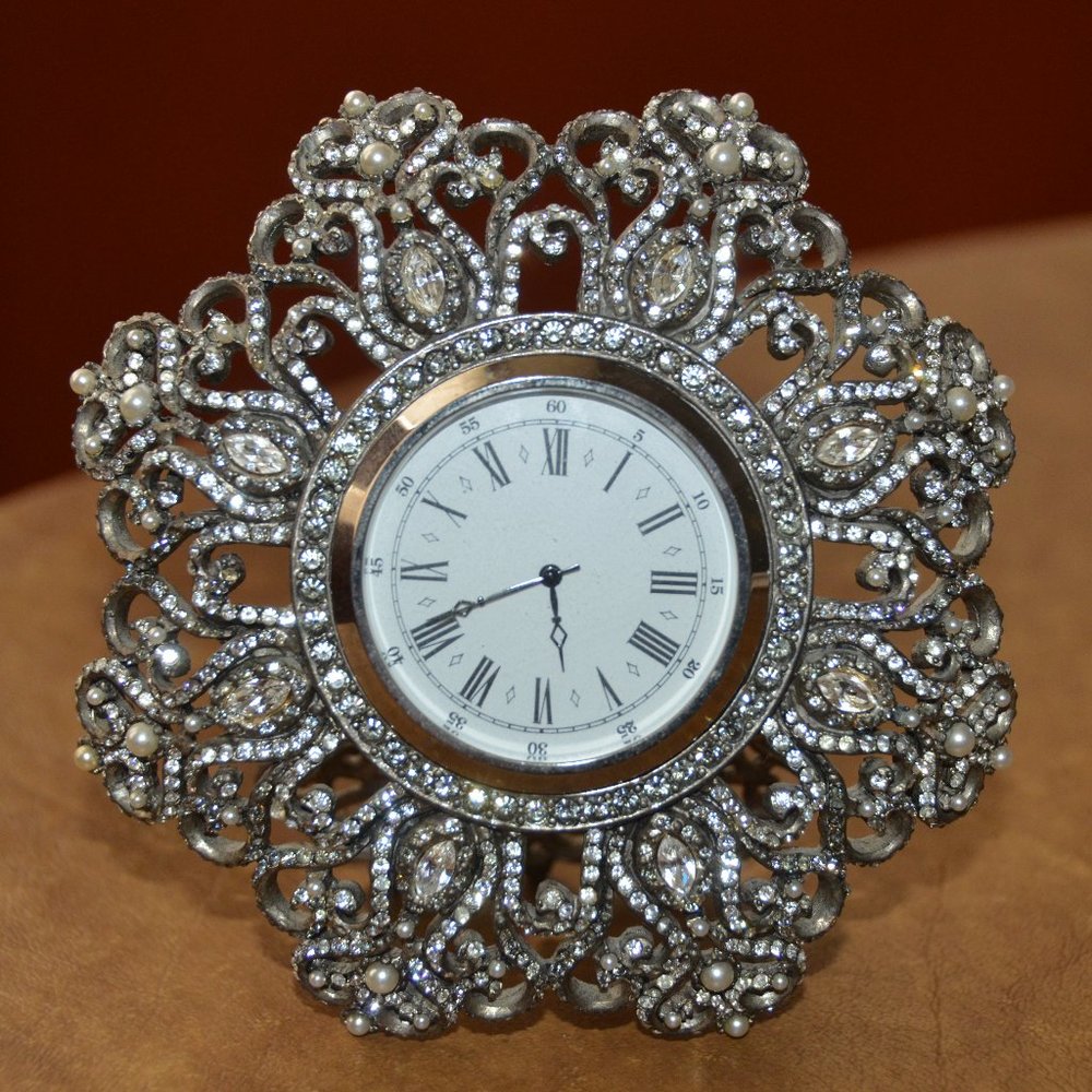 JAY STRONGWATER WEDDING SCROLL FLEUR DE LIS CRYSTAL ENAMEL DESK MANTEL CLOCK